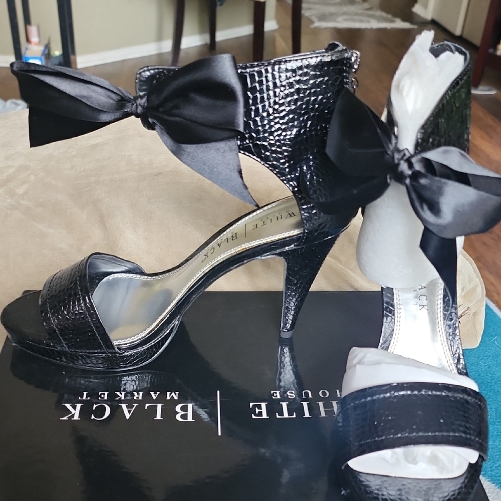 WHBM Black Satin Bow High Heels